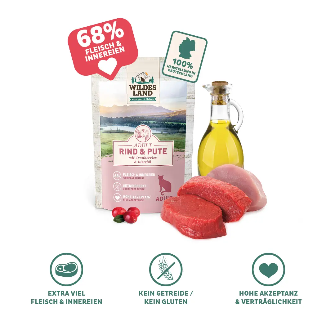 Eine Tüte Katzen Nassfutter Classic Rind und Huhn von Wildes Land: 76% Fleisch & Innerein, 100% hergestellt in Deutschland, Extra viel Fleisch & Innerein, Kein Getreide, Hohe Akzeptanz, Bio